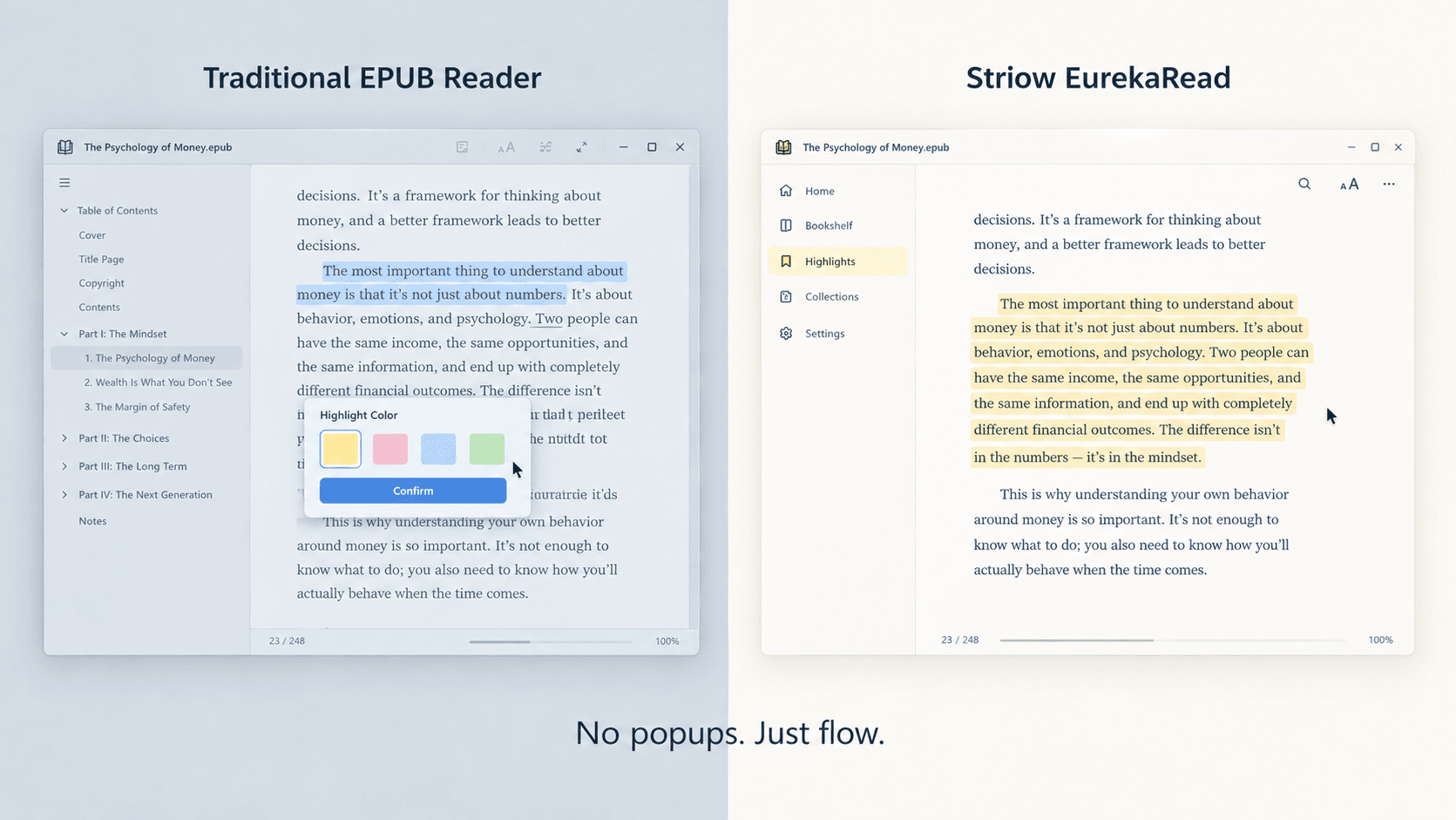 Popup-free EPUB highlighting vs traditional color popups EPUB reader comparison: traditional color popup interrupting reading flow vs popup-free instant highlighting in Striow EurekaRead.